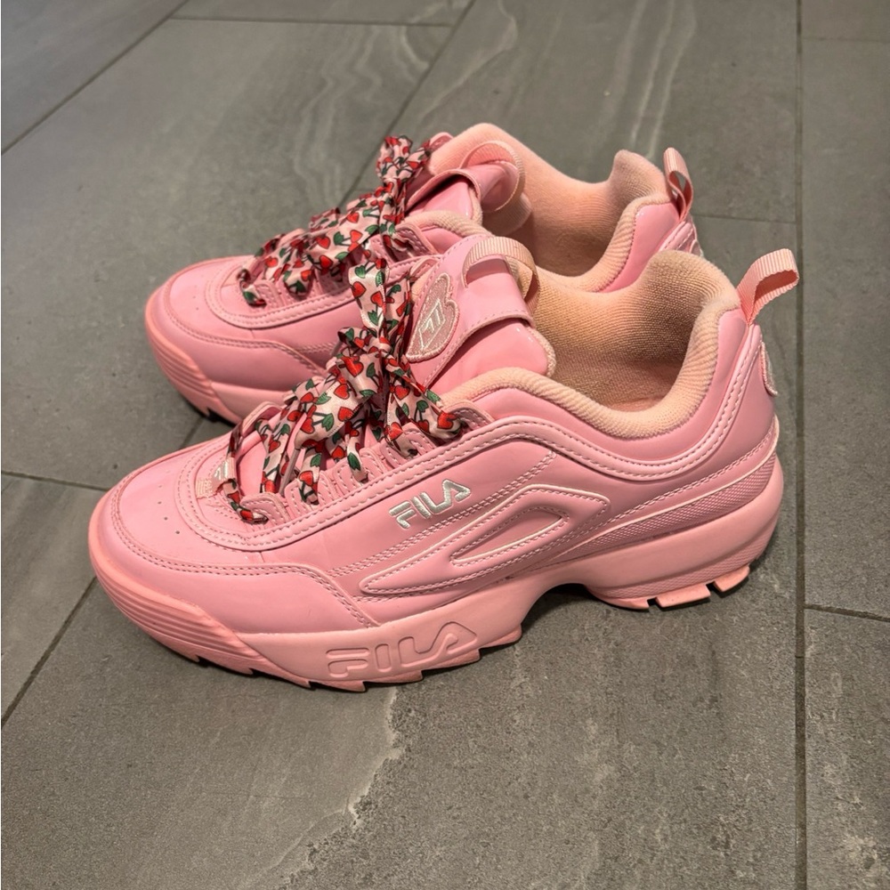 Fila pink patent disruptor 2 platform sneakers